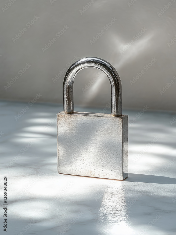 Naklejka premium Metal padlock on a light surface, casting shadows.