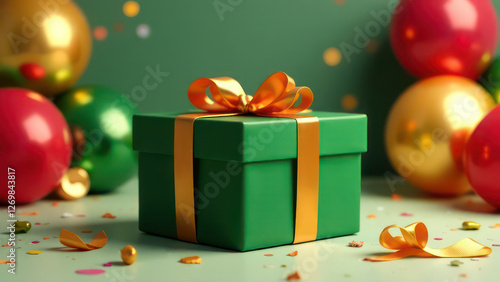 Luxury party green gift box with golden ribbon bow on festive birthday background with balloons, confetti