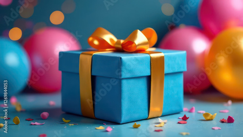 Luxury party blue gift box with golden ribbon bow on festive birthday background with balloons, confetti 