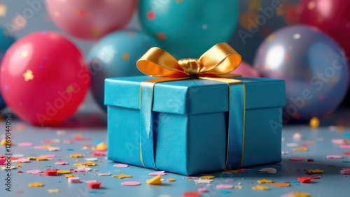 Luxury party blue gift box with golden ribbon bow on festive birthday background with balloons, confetti 