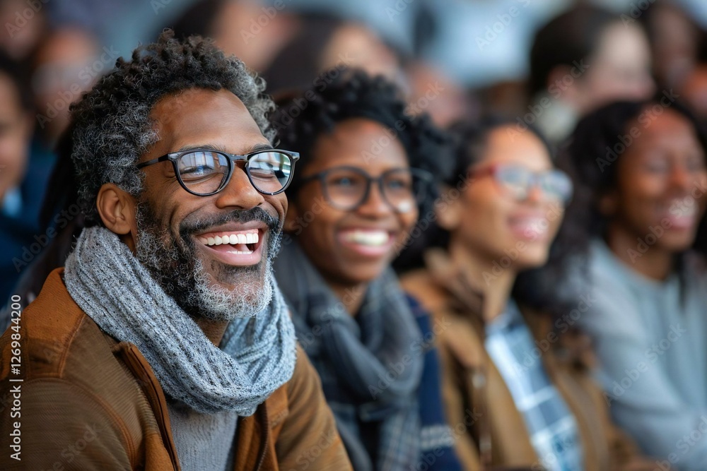 Family laughing while watching a football game on TV, some wearing eyeglasses, one with a well-groomed beard. Family laughing while watching a football game on TV, some wearing eyeglasses, one with a well-groomed beard.