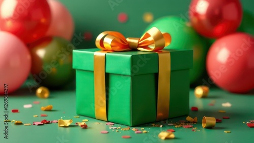 Luxury party green gift box with golden ribbon bow on festive birthday background with balloons, confetti