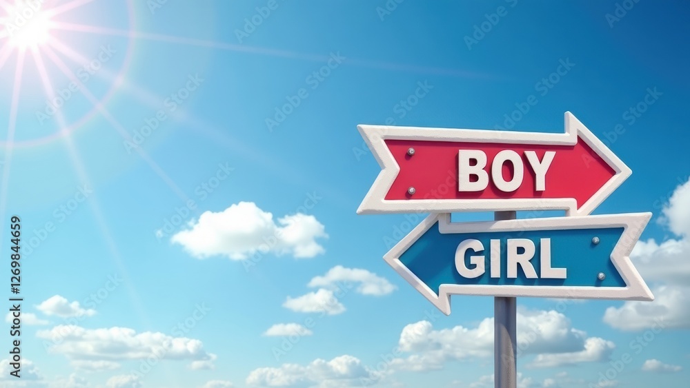 A Colorful Directional Sign Displays Arrows Pointing Towards Boy and Girl Under a Clear Blue Sky Filled With Fluffy Clouds A Colorful Directional Sign Displays Arrows Pointing Towards Boy and Girl Under a Clear Blue Sky Filled With Fluffy Clouds