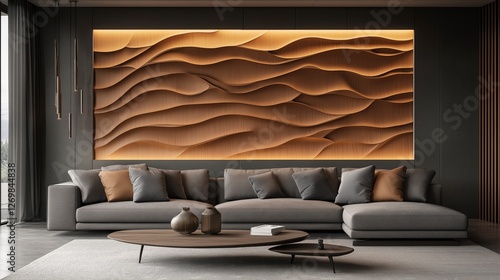 Modern living room with a large gray sectional sofa, gray pillows, and a wooden wave-patterned wall art with ambient lighting