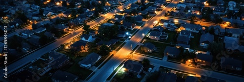 Aerial Night View of Suburban Neighborhood Homes