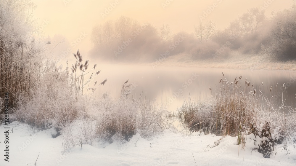Winter Wonderland Riverbank Scene: A Misty Morning in the Frozen Landscape Winter Wonderland Riverbank Scene: A Misty Morning in the Frozen Landscape