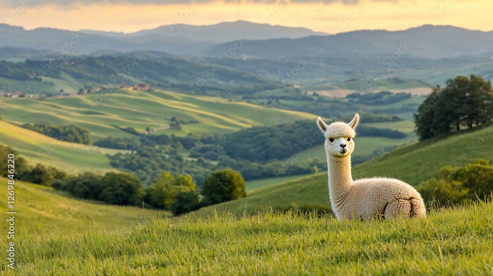 Naklejka premium Alpaca on a hillside overlooking a scenic valley at sunset.