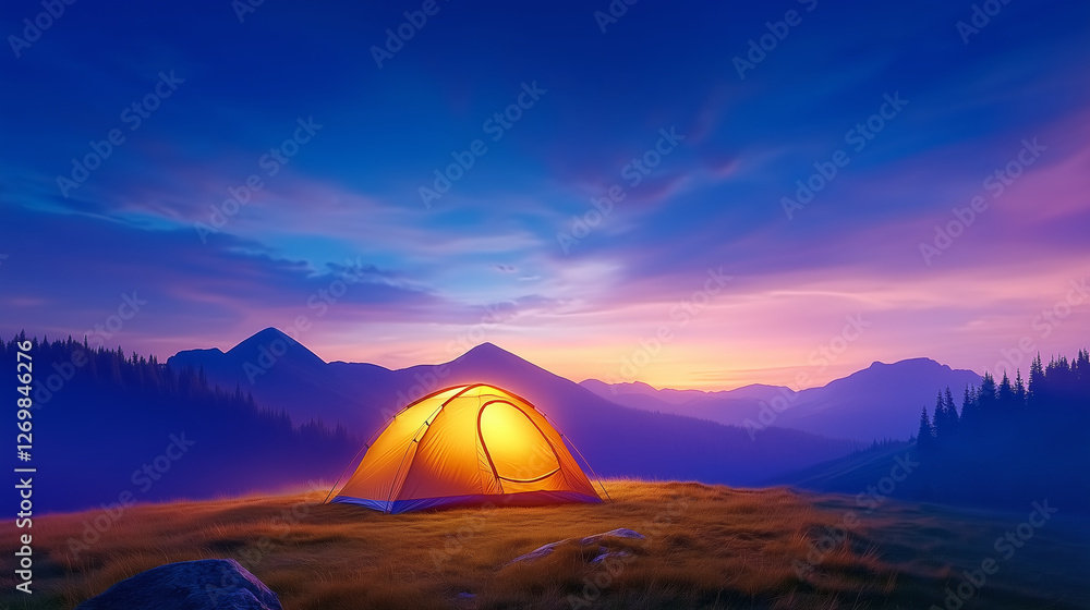 Campers set up a glowing tent in a serene mountainous landscape during twilight hours Campers set up a glowing tent in a serene mountainous landscape during twilight hours