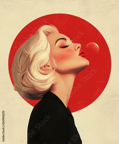 Pixelated Profile Of Woman Blowing Red Bubble Gum With a Retro and Vintage Style