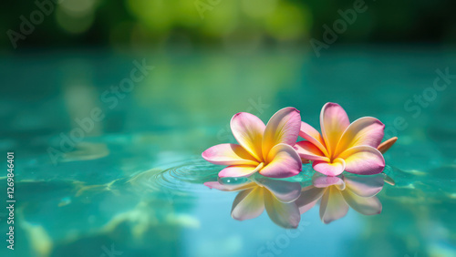 water surface with floating plumeria flowers and reflections on sunny day, tropical vacation background