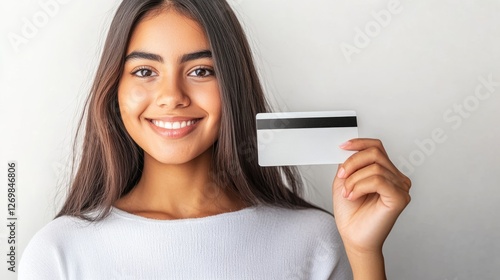 Beautiful young hispanic latin girl woman female student holding showing pres...