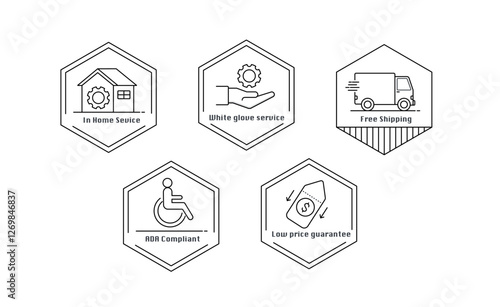 Minimalist Service Badges – Home Services, Free Shipping, ADA Compliance, and Price Guarantee Icons. Editable Stroke.