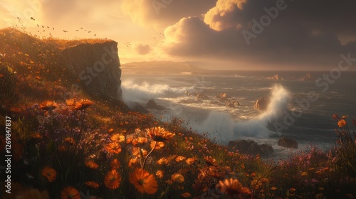 Scenic Coastal Cliffside with Wildflowers and Crashing Waves at Sunset