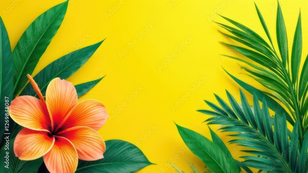 Fototapeta premium summer Bali style floral colorful pattern yellow background with copyspace , colorful green leaves palm shape art wallpaper