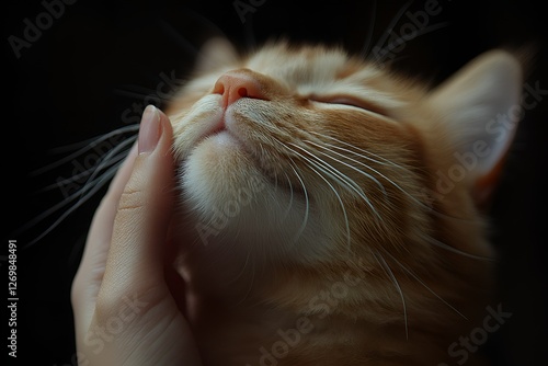 Ginger cat enjoying a gentle scratch under the chin from a human hand

