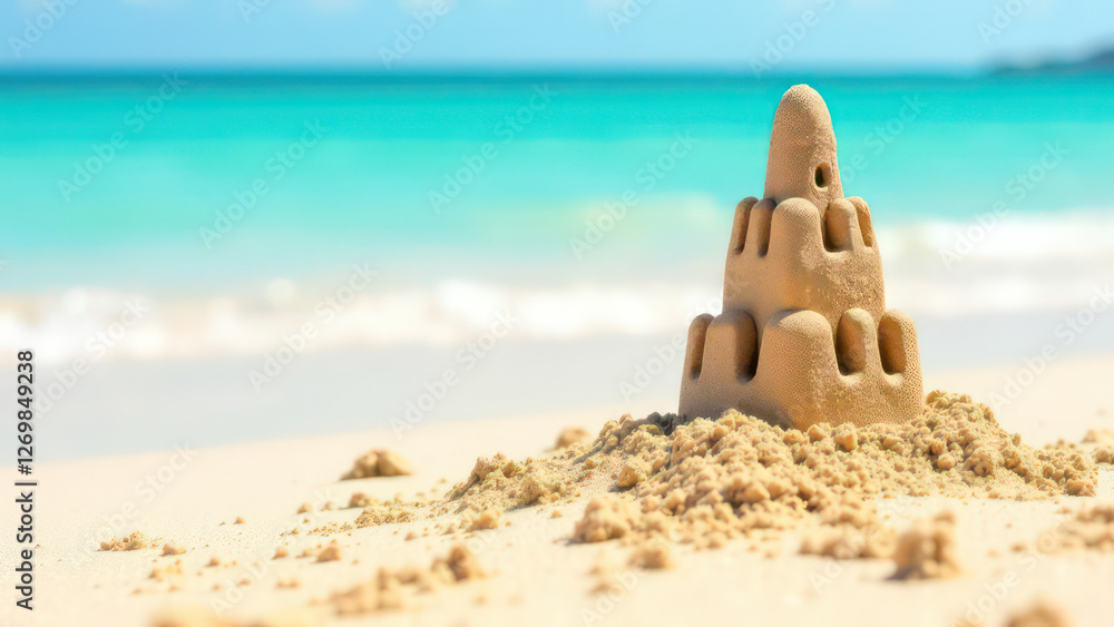 sandcastle on sunny beach with turquoise water in the background, empty space for text, holidays and travel sandcastle on sunny beach with turquoise water in the background, empty space for text, holidays and travel