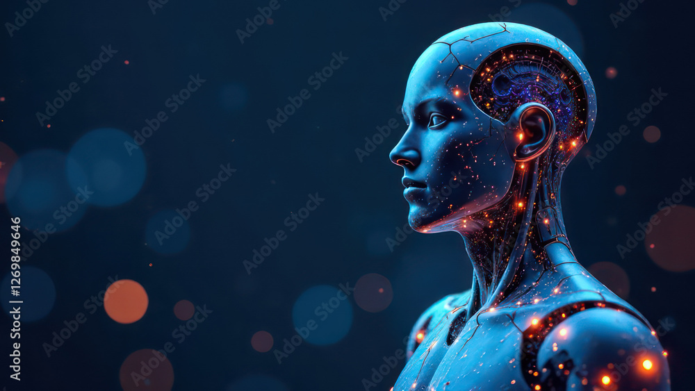 Futuristic humanoid with glowing network connections, digital artificial intelligence concept banner, technology and innovation businesses Futuristic humanoid with glowing network connections, digital artificial intelligence concept banner, technology and innovation businesses
