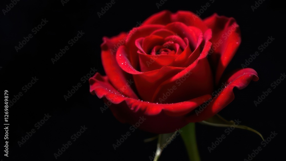 greeting card Closeup of Red Rose on Black Background, water drops greeting card Closeup of Red Rose on Black Background, water drops