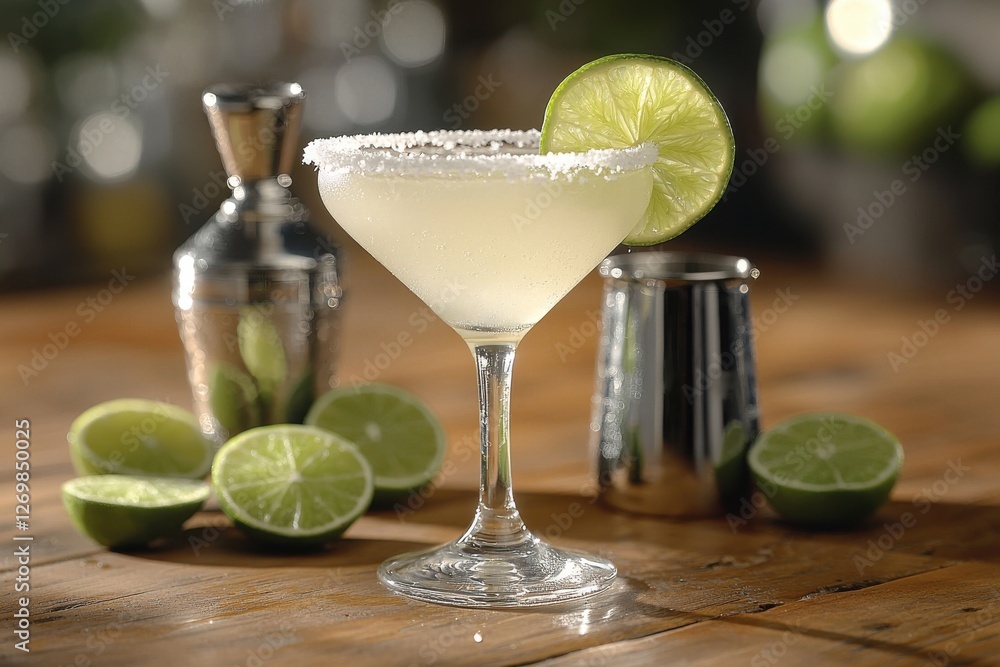 Refreshing margarita cocktail with lime garnish and salted rim, displayed on a wooden surface, with limes and a cocktail shaker, representing a perfect summer drink. Refreshing margarita cocktail with lime garnish and salted rim, displayed on a wooden surface, with limes and a cocktail shaker, representing a perfect summer drink.