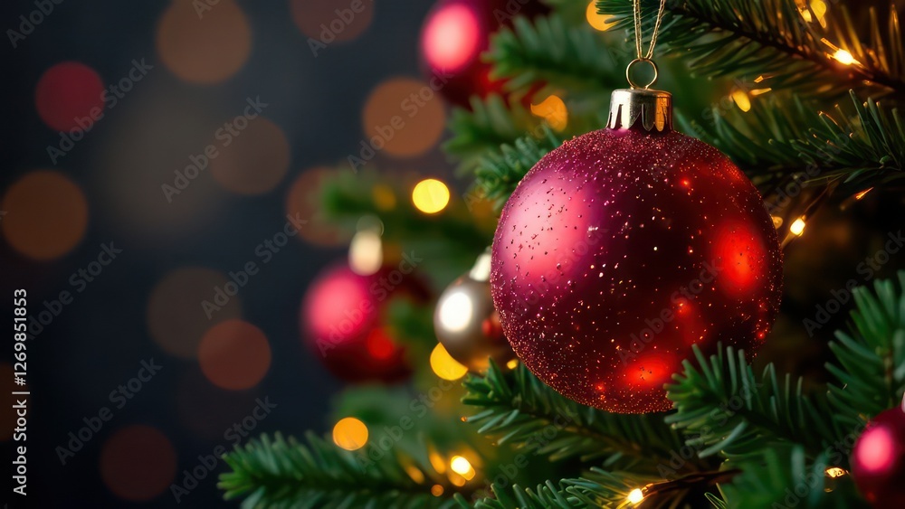 christmas greeting card with christmas tree ball and lights in neon lights, garland lights on festive background christmas greeting card with christmas tree ball and lights in neon lights, garland lights on festive background