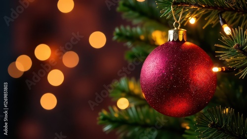 christmas greeting card with christmas tree ball and lights in neon lights, garland lights on festive background