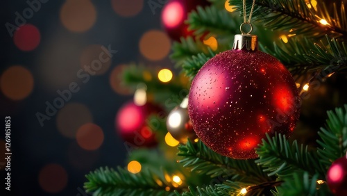 christmas greeting card with christmas tree ball and lights in neon lights, garland lights on festive background