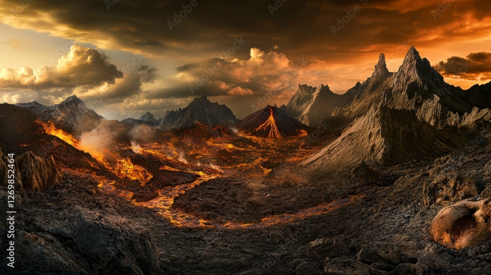 Naklejka premium Volcanic Eruption Landscape: A Fiery Mountain Range in a Dramatic Setting