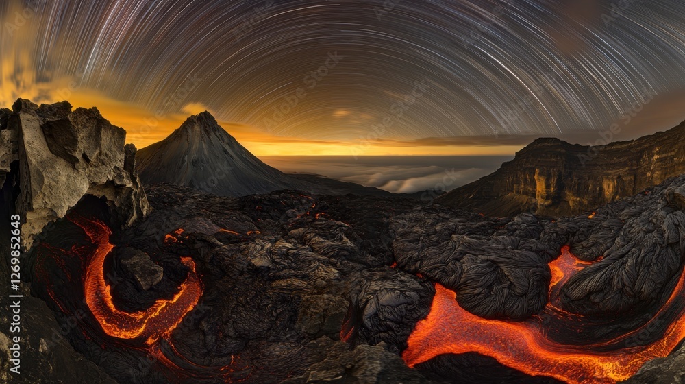 Naklejka premium Breathtaking Volcanic Landscape Under a Starry Night Sky