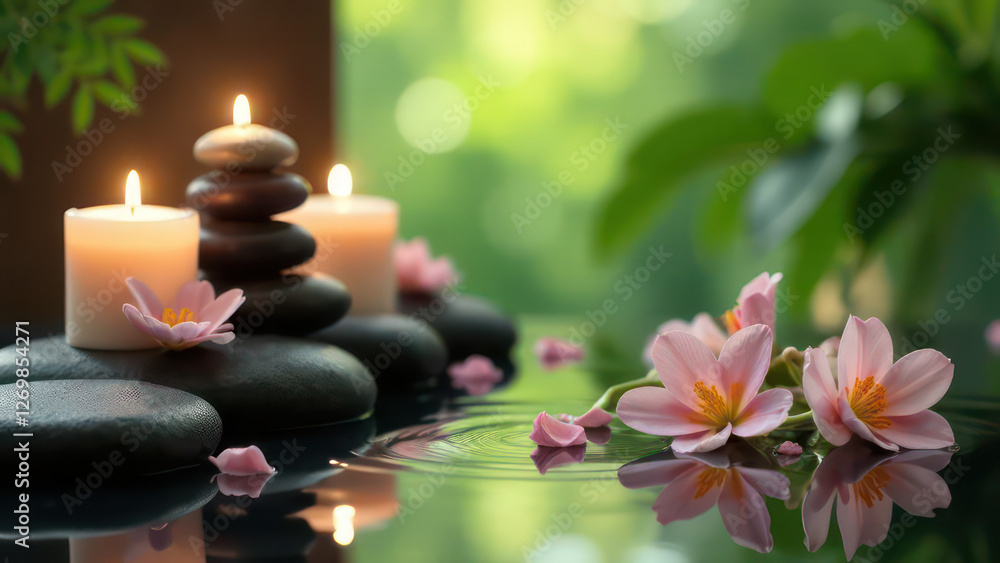 spa background stones and candles , water, flowers and steam, natural light, tranquil atmosphere for relaxation and meditation, spa retreats, wellness centers spa background stones and candles , water, flowers and steam, natural light, tranquil atmosphere for relaxation and meditation, spa retreats, wellness centers
