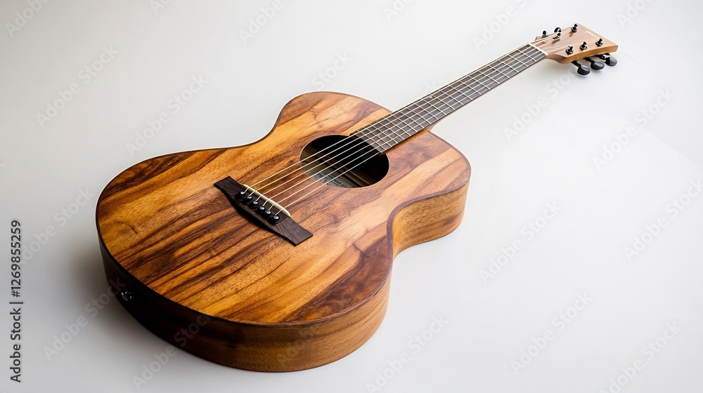 Fototapeta premium Acoustic guitar resting on its side isolated with a clean white background emphasizing the natural wood texture