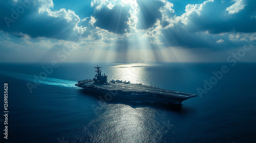 Panoramic view of a military aircraft carrier in action with powerful backlight, symbolizing strength, innovation, and modern naval operations photo