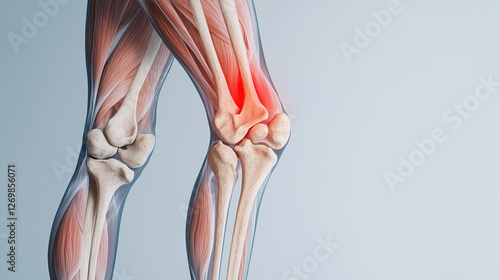 Medical illustration of a leg and knee bone highlighting pain areas