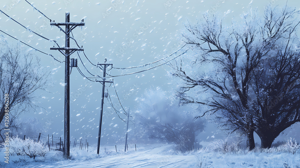 ice storm covering trees and power lines with a layer of ice, freezing weather, dangerous beauty. Frozen Thunderstorms. Illustration ice storm covering trees and power lines with a layer of ice, freezing weather, dangerous beauty. Frozen Thunderstorms. Illustration