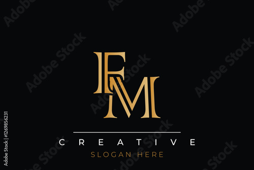 Sophisticated gold FM monogram logo on a sleek black background, ideal for branding, creative design, and luxurious themes.