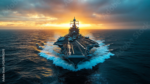 Panoramic view of a military aircraft carrier in action with powerful backlight, symbolizing strength, innovation, and modern naval operations photo