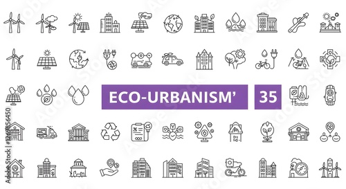 A collection of eco-urbanism icons showcasing sustainable practices, green architecture, and urban planning concepts.