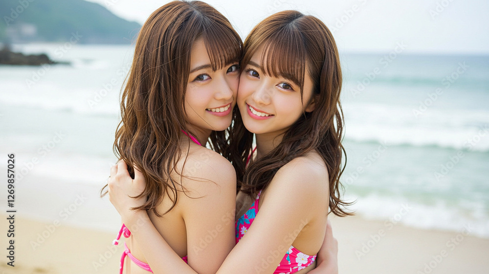 砂浜で寄り添う水着美女 砂浜で寄り添う水着美女