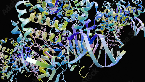 Molecular structure of human antigen protein p53 complexed with DNA, biological concept, chemistry and biochemistry, the guardian of the genome prevents cancer formation, core domain, 3d render
