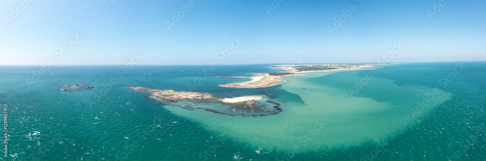 The panorama of the Pointe du Conguel and the islet of Toul Bihan in Quiberon in Europe, France, Brittany, Morbihan, Quiberon, in summer, on a sunny day. The panorama of the Pointe du Conguel and the islet of Toul Bihan in Quiberon in Europe, France, Brittany, Morbihan, Quiberon, in summer, on a sunny day.