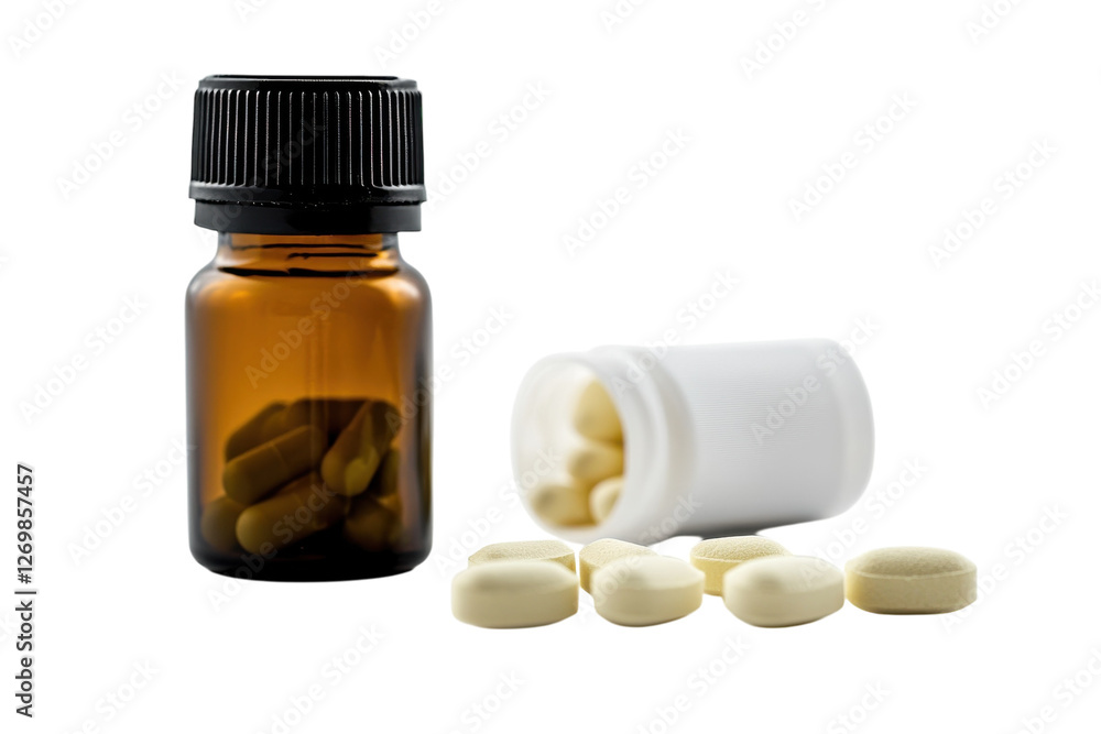 A carefully arranged collection of capsules and bottles showcasing wellness and health solutions isolated on transparent background A carefully arranged collection of capsules and bottles showcasing wellness and health solutions isolated on transparent background
