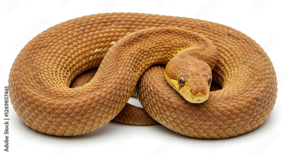 Fototapeta premium A front angle of a a coiled snake the snake is positioned in the center of the image its scales are a warm golden-brown color and its eyes are a bright yellow on white background royal python