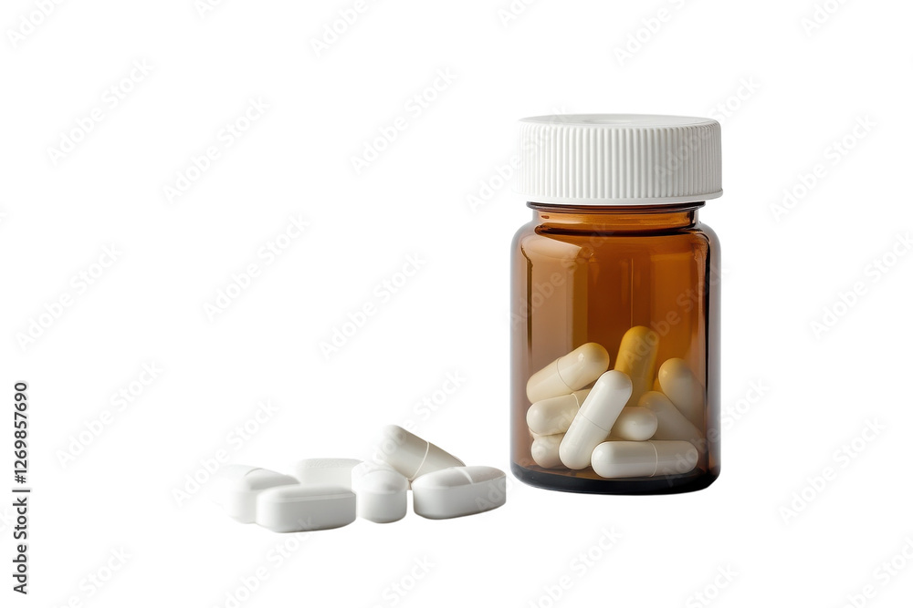 Clear and clean focus on amber bottle filled with white capsules next to scattered pills on surface isolated on transparent background Clear and clean focus on amber bottle filled with white capsules next to scattered pills on surface isolated on transparent background