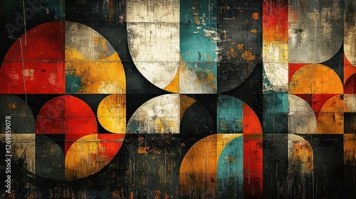 A vibrant abstract artwork featuring geometric shapes and a mix of colors, creating a dynamic and textured composition.