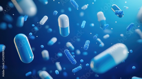 Dynamic scene of floating blue and white capsules amidst vibrant microbial particles in a captivating healthcare background
