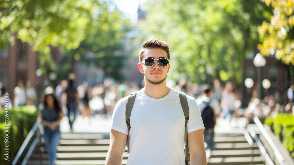 Confident male student walking on campus staircase in sunlight Confident male student walking on campus staircase in sunlight