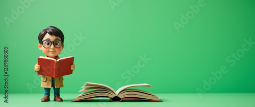 A cheerful young boy with glasses joyfully reading a red book in front of an open book on a vibrant green background photo