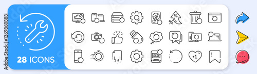 Recovery line icons. Interest rate, AI generate, Inflation icons. Backup, Restore data and recover document. Laptop renew, repair and phone recovery icons. Vector