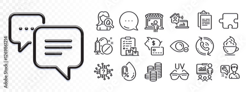 Artificial intelligence, Dots message and No alcohol line icons for web app. Glare of light effect. Message icon. Pack of Medical drugs, Myopia, Clipboard pictogram icons. Vector