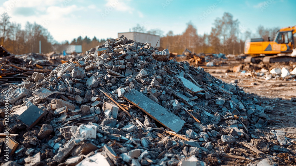 Obraz premium Pile of rubble and debris on top of a wooden house roof, symbolizing destruction and reconstruction, with broken windows showcasing the fragility of modern architecture and the passage of time