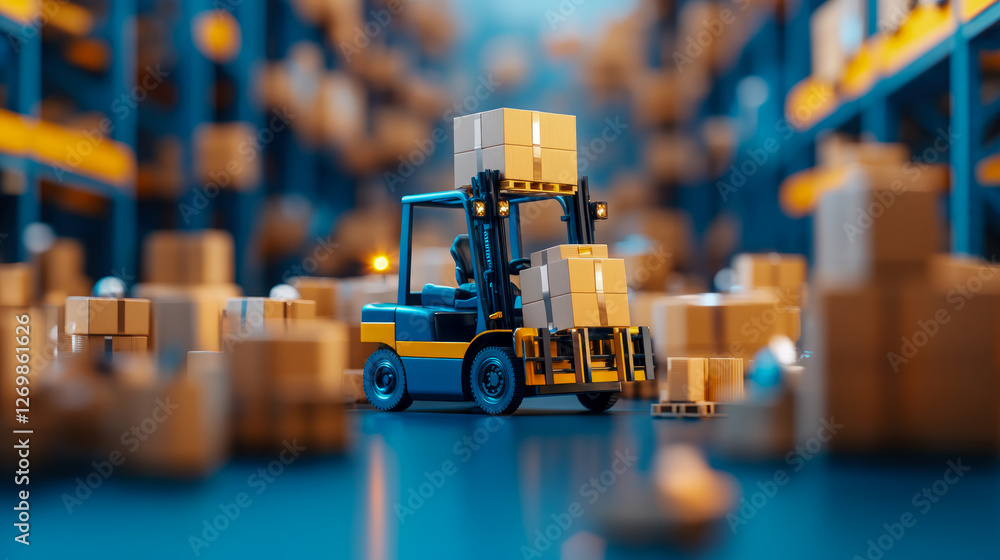 Logistics: Forklift with Boxes in Warehouse for Shipping and Delivery Logistics: Forklift with Boxes in Warehouse for Shipping and Delivery